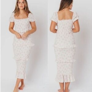 MABLE "Ada" Smocked Floral Print fitted bodycon Midi Dress H